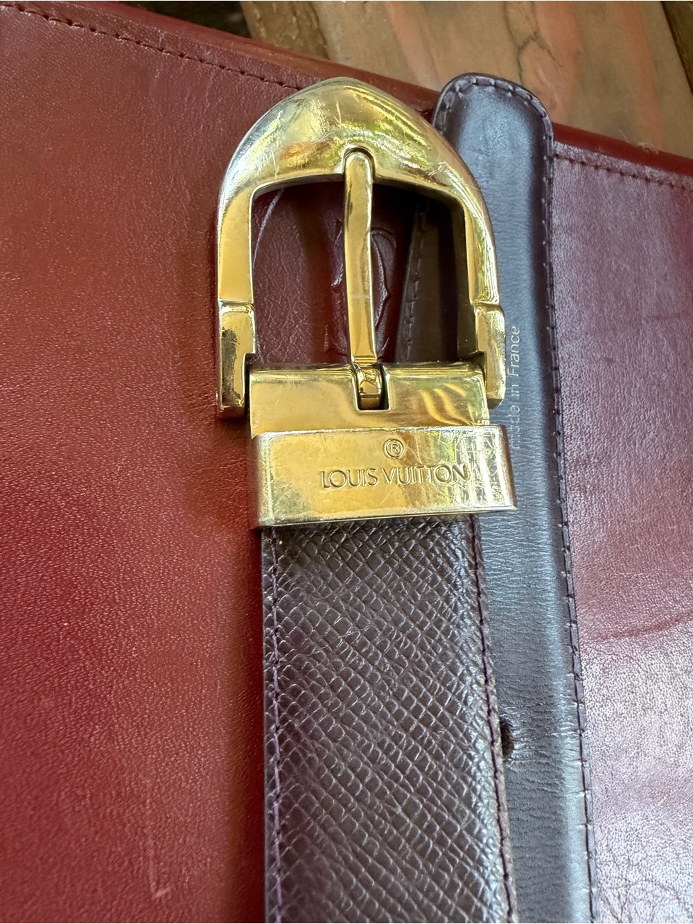 Louis Vuitton Deep Burgundy Leather Belt with Gold-Tone Buckle Sz 110/44 - Picture 15 of 15